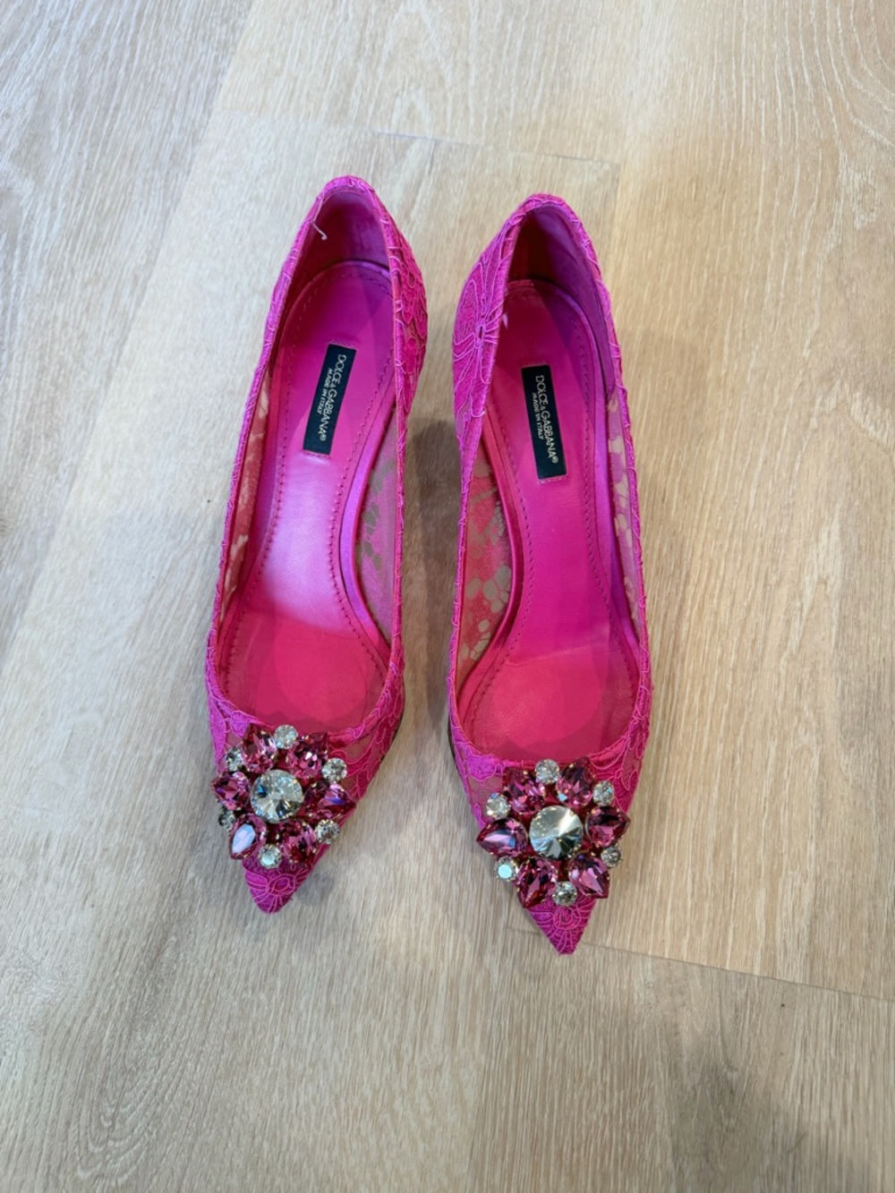 Dolce & Gabbana Fuchsia Lace Pointed-Toe Heels with Crystal Embellishment